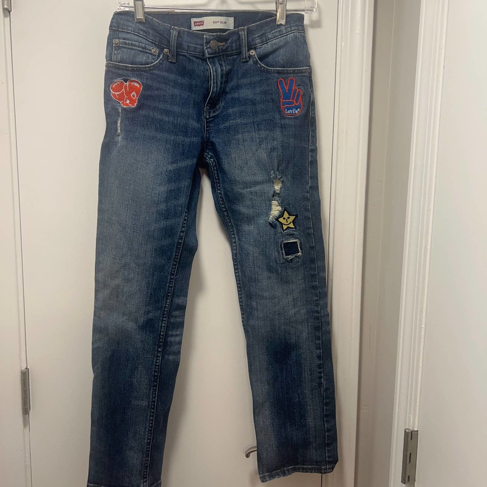 * Levis 511  Girls  Size14 Regular Patches Detail Jeans Distressed Light Denim